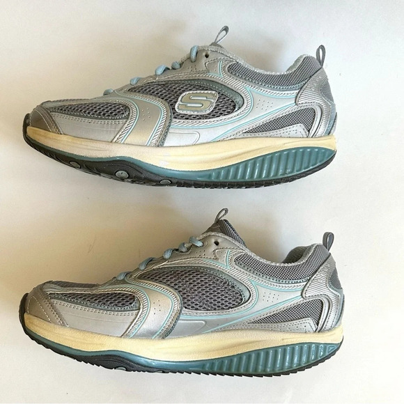 Skechers Womens Shape Ups 12320 Silver Blue Casual Shoes Sneakers Sz 8 Leather - Picture 3 of 13